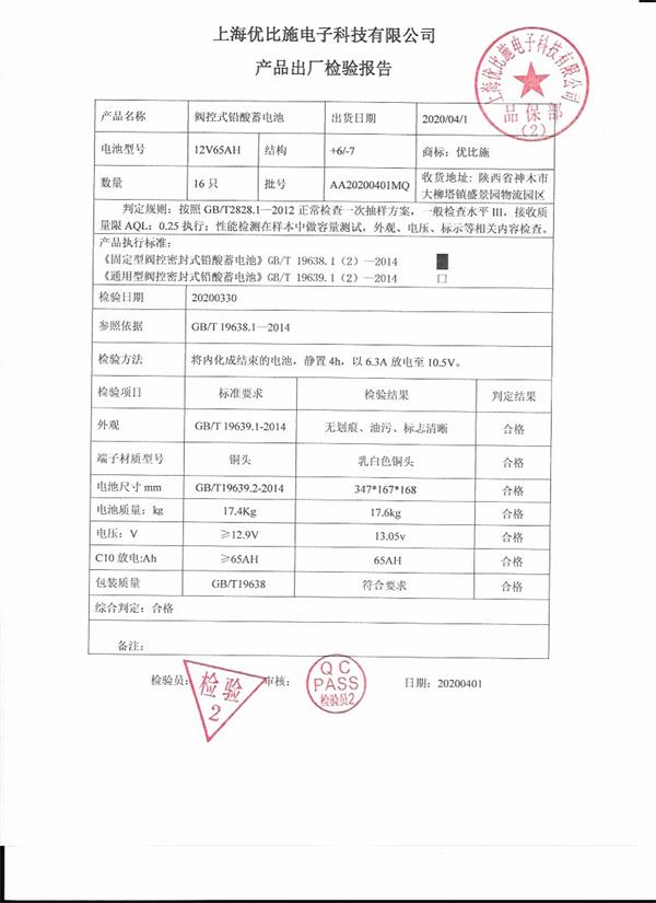 优比施铅酸蓄电池出厂检验报告